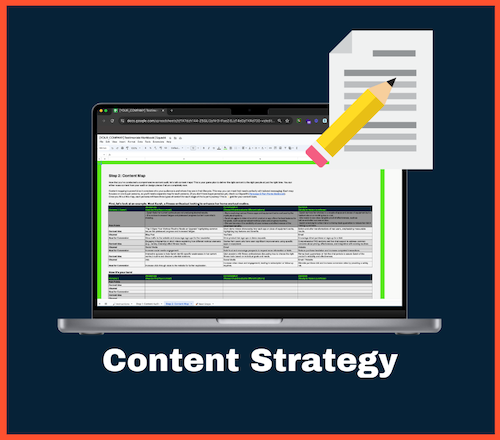Content Strategy workbook from Squad4 showing laptop with content map table. Yellow pencil and paper icon.